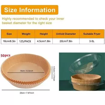 50pcs Non-Stick Disposable Air Fryer Liners Parchment Paper for Baking Roasting Microwaving Oil Water Proof Blister Packaging