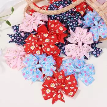 50Pcs Random 3inch flower bowknot hair rope for girls fresh printing head ties toddler cute ponytail hair band set