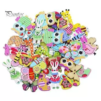 50x смешанные деревянные пуговицы с мультяшными животными и 2 отверстиями для шитья, скрапбукинга своими руками