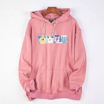 511 Korean Style Cotton Terry Hooded T-shirt Hoodie Male and Female Couple 76508 Cartoon Print Loose Idle Style Outerwear Fashion 1 powder S