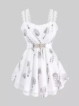 5127704 Майка размера плюс с принтом розы и кружевной отделкой, оборками и пряжкой XL белый