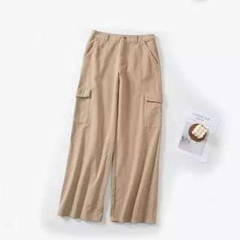 516 Nature Waist Pure Cotton Wide-Leg Overalls Khaki M