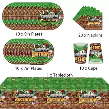 51 шт. пиксельные принадлежности для тематических вечеринок включают тарелки, салфетки, чашки, скатерть