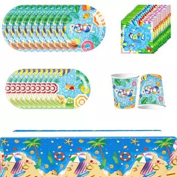 51 шт. Посуда для пляжной вечеринки у бассейна включает скатерть, тарелки, стаканы, салфетки