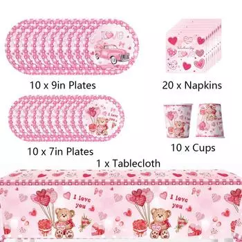 51 шт. Посуда ко Дню святого Валентина включает чашки, тарелки, салфетки, скатерть