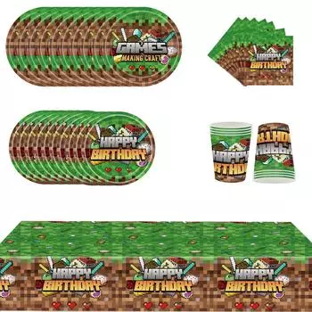 51 шт. Принадлежности для вечеринки в пиксельной тематике включают тарелки, салфетки, стаканы и скатерть