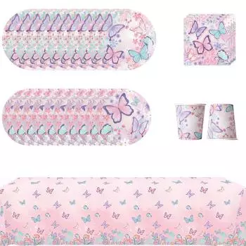 51 шт. Розовая посуда для вечеринки с бабочками, включая тарелки, стаканы, салфетки, скатерть