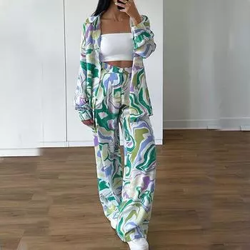 52025 Весенняя женская рубашка с длинным рукавом и принтом «Темперамент», свободные прямые брюки, модный комплект S