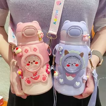 520 мл милый детский термос с соломинкой, портативный чайник из нержавеющей стали большой емкости для мальчиков и девочек, студенческая чашка для воды, герметичный чайник 501-600ml