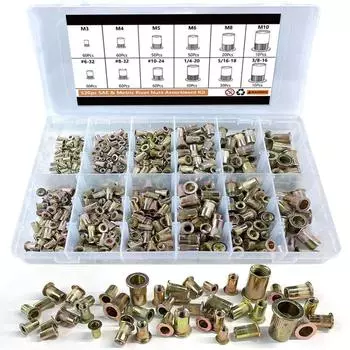 520 шт. 830 шт. Набор заклепочных гаек из углеродистой стали, с мужской резьбой, с цинковым покрытием британского цвета, заклепочная гайка с вертикальной плоской головкой 520Pcs Metric Mixed Riveting Nut Set