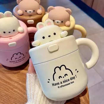 530 мл термос Kawaii Bear из нержавеющей стали с соломинкой и ручкой, изолированная кофейная чашка для путешествий, термокружка, посуда для напитков 501-600ml