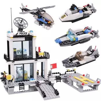 536 шт., полицейский участок, тюремные грузовики, строительные блоки, автомобиль, лодка, вертолет, полицейский, кирпичи, детские сборные блоки «сделай сам», игрушки, подарки