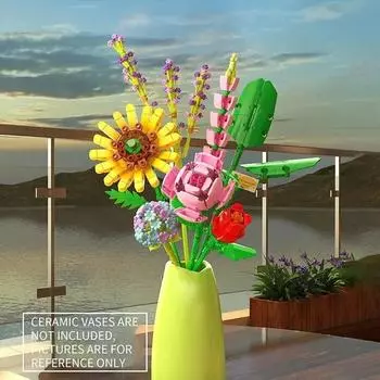 539 шт., букет цветов, строительные блоки, подсолнечник, роза, тюльпан, цветок лаванды, модель кирпичей, цветочная композиция, детские игрушки, подарки жёлтый/зелёный