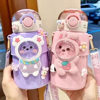 550 мл милая детская кружка-термос с героями мультфильмов из нержавеющей стали, детская термобутылка для воды с соломинкой, портативная школьная чашка для воды, стакан 550ML