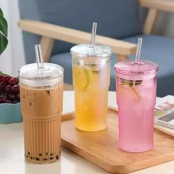 550 мл прозрачный полосатый стеклянный стакан с крышкой и трубочкой коктейльные стаканы для питья дома молоко сок чай чашки кружка для кофе бутылка для воды 550ml прозрачный