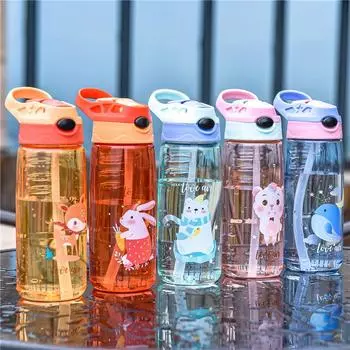 550ml Water Bottle Cartoon Portable Tumbler Kid Safety Leakproof Straw Mug Baby Feeding Sippy Cup Outdoor Travel Drinking Kettle