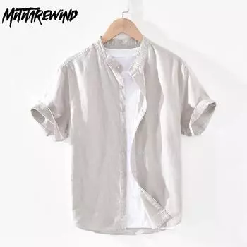 55 льна 45 хлопка рубашки для мужчин пляжные дышащие повседневные мужские топы однотонные облегающие рубашки со стоячим воротником 4XL повседневные рубашки с коротким рукавом летние S белый
