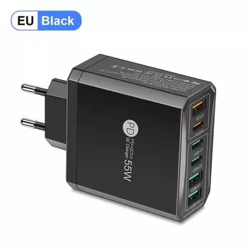 55W PD USB Charger Fast Charging 6 Ports Quick Charge 3.0 Travel Charger For iPhone Samsung Xiaomi Mobile Phone Charger EU Plug Black