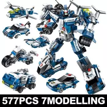 577 шт. 6 в 1 полицейский грузовик строительные блоки городской строительный вертолет автомобиль робот кирпичи набор для детей игрушки детский подарок