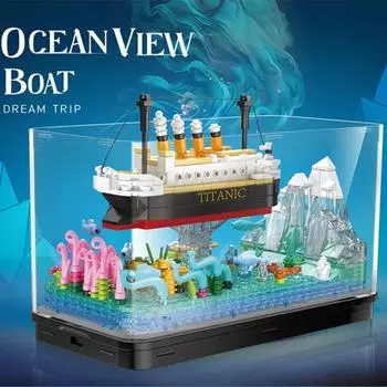 579 шт., строительные блоки «Титаник», аквариум, креативный вид на океан, лодка, айсберг, сборочные кирпичи со светом, детские рождественские подарки белый/чёрный