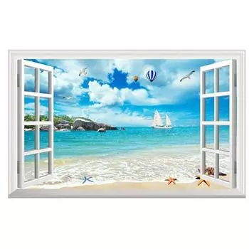 57*90 см 3D Пляж Чайка Воздушный шар Ложное окно Настенная живопись Гостиная Спальня Съемный настенный стикер Hoom Decor 1SET