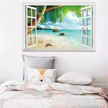 57*90 см 3D Пляж Чайка Воздушный шар Ложное окно Настенная живопись Гостиная Спальня Съемный настенный стикер Hoom Decor 1SET