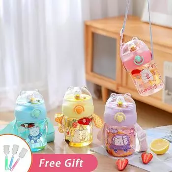 580 мл симпатичная бутылка для воды с трубочкой для детей и девочек, бесплатная доставка, товары Kawaii, мультяшная пластиковая кружка, стакан, летний спортивный напиток, чашка without sticker жёлтый