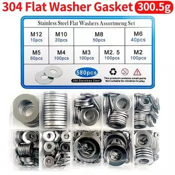 580 шт./кор. M2 M2.5 M3 M4 M5 M6 M8 M10 M12 304 нержавеющая сталь плоская шайба набор простых прокладок набор 1 BOX