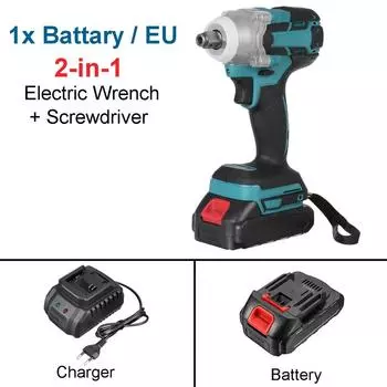 588N.m 188VF 2 IN 1 Brushless Cordless Electric Impact Wrench 1/2 Wrench 1/4 Screwdriver Drill Socket for 18V Battery 1*Battery