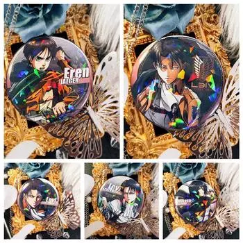 58 мм значки персонажей аниме «Атака титанов»: Лазерные нагрудные значки с железным покрытием Капитан Леви, Эрен, Микаса, идеально подходят для аксессуаров и украшений для косплея 58mm laser bar