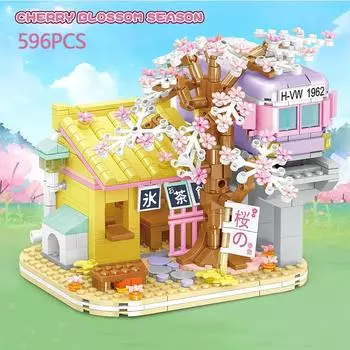 596 шт., дом на дереве с вишней, чайный домик Синкансэн, модель строительного блока, японский город, вид на улицу, серия строительных кирпичей T withbox жёлтый