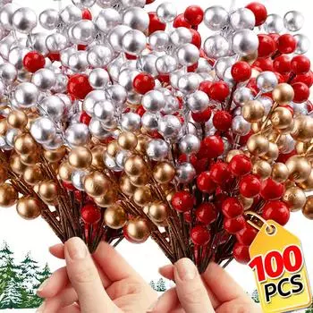 5/100 шт искусственные красные ягоды ветка Рождество 7 головок стебли ягод падуба DIY поделки венок новогодняя вечеринка рождественская елка украшение 5PCS