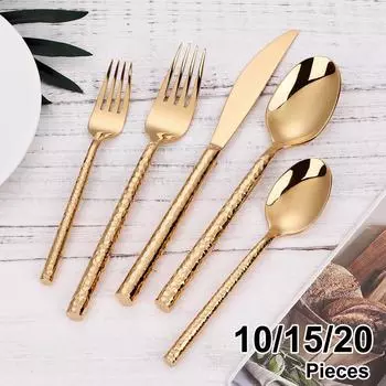 5/10/15/20 шт. Золотой столовый прибор из нержавеющей стали 304, набор столовых приборов с серебряной ручкой в форме молотка, зеркальный набор вилок, ложек, столовых приборов 1 Set 5 Pieces