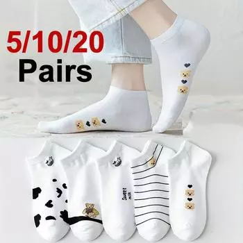 5/10/20 Pairs Women Animal Printed Short Socks Spring Summer Sweat Absorbing Breathable Comfortable Knitted Fabric Casual Socks One Size