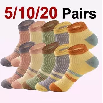 5/10/20 Pairs Women Striped Knitted Socks Spring Summer Thin Sweat Absorbing Breathable Soft Comfortable Sports Leisure Socks One Size