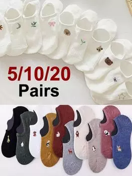 5/10/20 пар женских невидимых носков с принтом животных, модные мультяшные узоры, мягкие нескользящие, впитывающие пот, дышащие, повседневные носки One Size