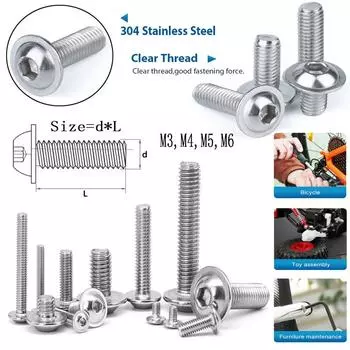5/10/50 шт. M3 M4 M5 M6 304 шестигранная головка из нержавеющей стали с шестигранной головкой и круглой кнопкой с фланцевой головкой и болтом с шайбой и воротником M5 10pcs-30mm