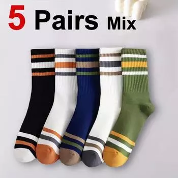 5/10 Pairs Men Striped Mid Tube Socks Fashionable Color Blocking Soft Comfortable Sweat Absorbing Breathable and Casual Socks One Size