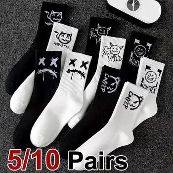 5/10 Pairs Men Women Graffiti Printed socks Street Style Soft Comfortable Sweat Absorbing Breathable Couple Sports Leisure Socks One Size