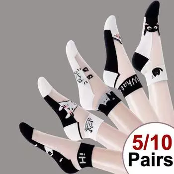 5/10 Pairs Women Cat Pattern Transparent Socks Fashionable Cartoon Print Spring Summer Sweat Absorbing Breathable Casual Socks One Size