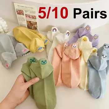 5/10 Pairs Women Embroidered Cotton Socks with Small Animals Spring Summer Thin Design Sweat Absorbing Breathable Casual Socks One Size