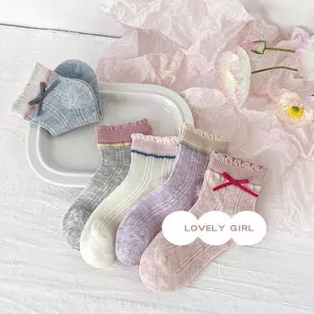 5/10 пар носков с кружевом и бантами для детей, девочек, милые, модные, хлопковые, однотонные, в корейском стиле, против образования катышков, милые принцессные носки для девочек S(1-3 years old)