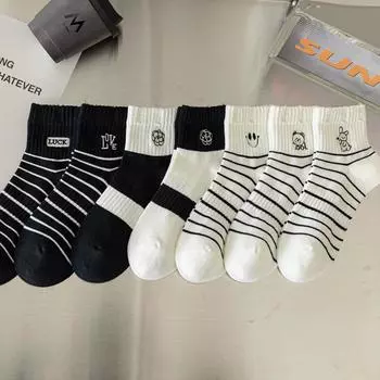 5/10 пар повседневных женских носков до середины икры весна-лето легкие черно-белые полосатые вышитые хлопковые носки милые длинные носки для девочек-подростков 5 Pairs