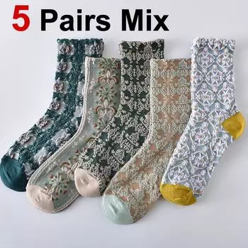 5/10 пар женских носков средней длины с ретро-принтом, цветочными узорами, впитывающих пот, дышащих, мягких, удобных, спортивных, для отдыха One Size