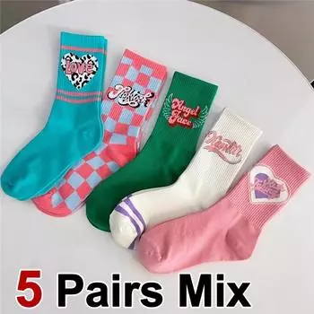 5/10 пар женских носков средней длины с буквенным принтом, впитывающих пот, дышащих, с узором в форме сердца, для улицы, повседневных, весенне-летних носков One Size