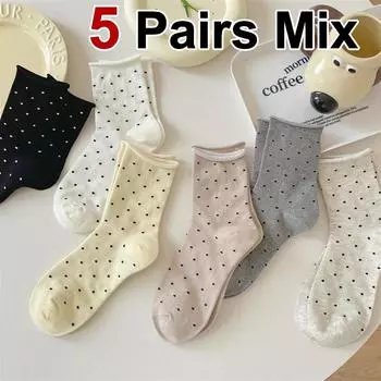 5/10 пар женских носков средней длины с закатанным краем в горошек, весенне-летние, впитывающие пот, дышащие, милые, простые, повседневные носки One Size