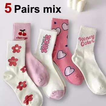 5/10 пар женских носков средней длины с мультяшным принтом, модные носки с надписями и мелким цветочным принтом, розовые с вишней и сердечками, мягкие, удобные, повседневные носки One Size