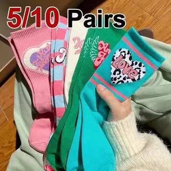5/10 пар женских носков средней длины с буквенным принтом, впитывающих пот, дышащих, с узором в форме сердца, для улицы, повседневных, весенне-летних носков One Size