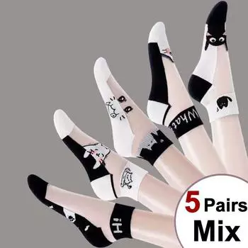 5/10 пар женских прозрачных носков с рисунком кошки, модные повседневные носки с мультяшным принтом на весну и лето, впитывающие пот и дышащие One Size