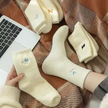 5/10 пар зимних женских носков, однотонные теплые носки с вышивкой животных и толстые носки 1 pair чёрный